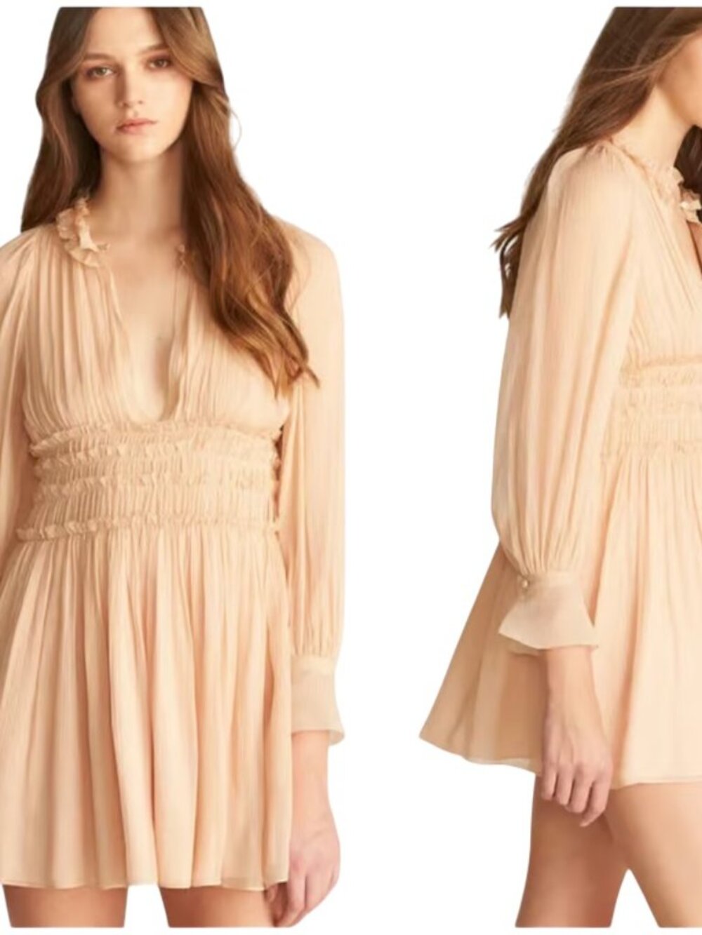 Rebecca Taylor Long Sleeve Silk Chiffon Dress Size 10 Peach Ruffle Lace Sheer